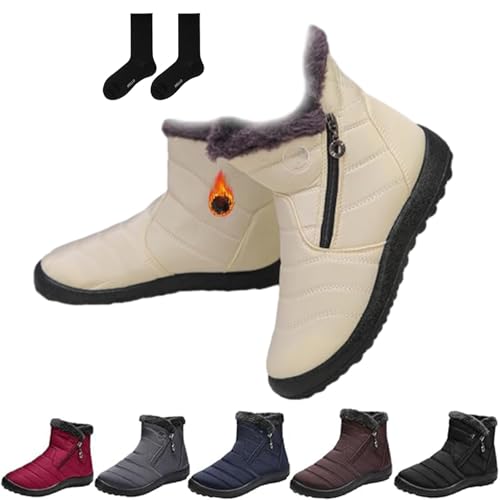 ZHCBAUA Damen Gemütliche Winter Wasserdicht Anti-Rutsch Orthopädische Stiefel Schnee Stiefeletten mit Pelzfutter Warm Bequem Leicht Schuhe mit Seitlichem Reißverschluss, beige, 44 EU von ZHCBAUA