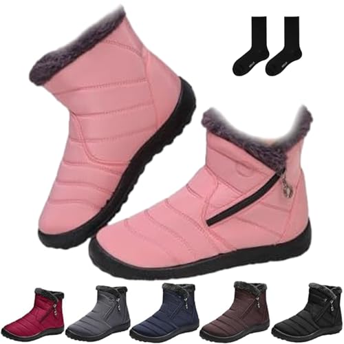 ZHCBAUA Damen Gemütliche Winter Wasserdicht Anti-Rutsch Orthopädische Stiefel Schnee Stiefeletten mit Pelzfutter Warm Bequem Leicht Schuhe mit Seitlichem Reißverschluss, rose, 44 EU von ZHCBAUA