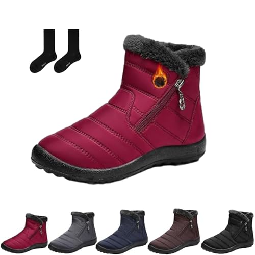 ZHCBAUA Damen Gemütliche Winter Wasserdicht Anti-Rutsch Orthopädische Stiefel Schnee Stiefeletten mit Pelzfutter Warm Bequem Leicht Schuhe mit Seitlichem Reißverschluss, rot, 44 EU von ZHCBAUA