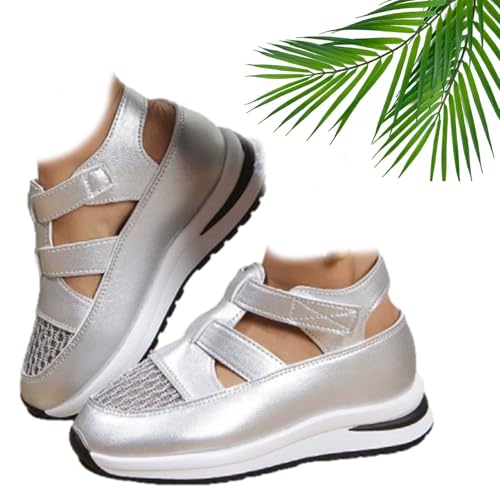 ZHCBAUA Damen Hollow Out Atmungsaktive Plateau Keilsandalen Sneaker 2025 Stilvolle Leder Hohl Sandalen Spitze Verzierung Geschlossene Zehen Wedges Walking Schuhe, silber, 37EU von ZHCBAUA