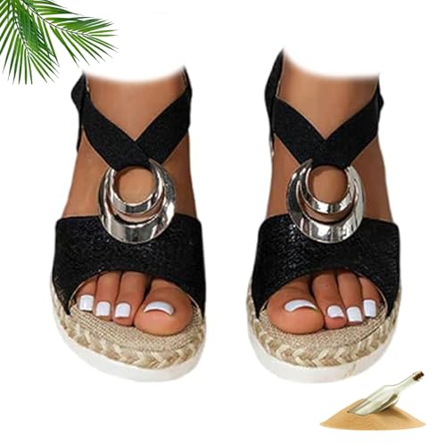 ZHCBAUA Damen Leder Plateau Keil Orthopädische Sandalen Sommer Dressy Knöchelriemen Orthopädische Kleid Schuhe Strand Boho Sandalen mit Stretch Riemchen, Schwarz , 37EU von ZHCBAUA