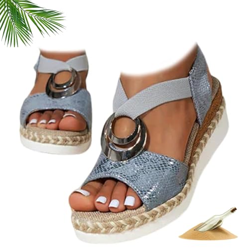 ZHCBAUA Damen Leder Plateau Keil Orthopädische Sandalen Sommer Dressy Knöchelriemen Orthopädische Kleid Schuhe Strand Boho Sandalen mit Stretch Riemchen, blau, 37EU von ZHCBAUA