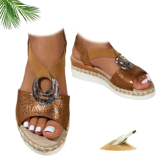 ZHCBAUA Damen Leder Plateau Keil Orthopädische Sandalen Sommer Dressy Knöchelriemen Orthopädische Kleid Schuhe Strand Boho Sandalen mit Stretch Riemchen, braun, 37EU von ZHCBAUA