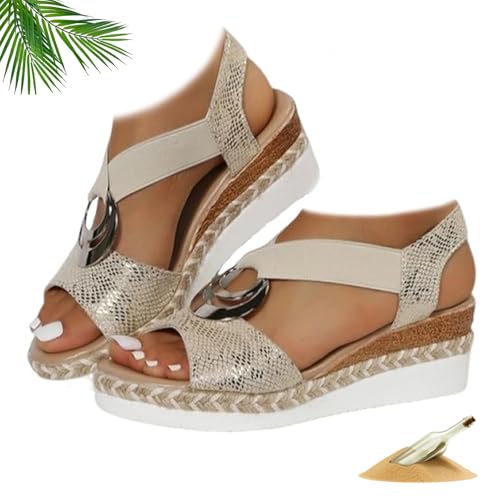 ZHCBAUA Damen Leder Plateau Keil Orthopädische Sandalen Sommer Dressy Knöchelriemen Orthopädische Kleid Schuhe Strand Boho Sandalen mit Stretch Riemchen, gold, 37EU von ZHCBAUA