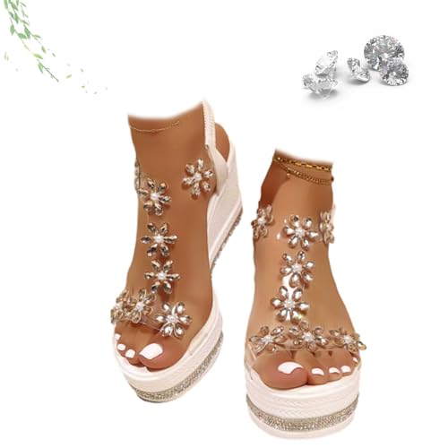 ZHCBAUA Elegante Damen-Sandalen mit Keilabsatz, Plateauerhöhung, Komfort, elastisch, Knöchelriemen, Bohemian-Stil, Sommer, Strand, Blume, Absätze, Sandalen für Damen, beige, 38 EU von ZHCBAUA