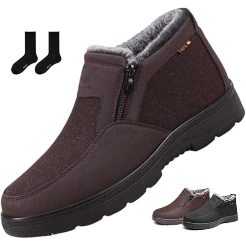 ZHCBAUA Herren Orthopädische Warme Schneestiefel Wasserdicht Rutschfeste Winter Fleece Schuhe Barfuß Pelz Gefüttert Slip On Walking Ankle Boots mit Seitlichem Reißverschluss, braun, 38 2/3 EU von ZHCBAUA