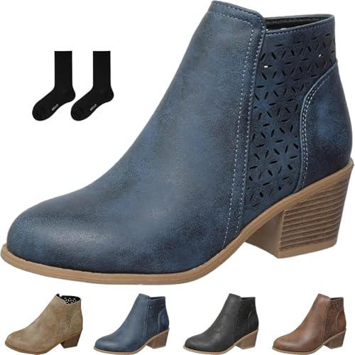 ZHCBAUA Orthopädische Damen-Stiefeletten mit mittelhohem Absatz, aus Kunstleder, Retro-Stil, seitlicher Reißverschluss, blau, 44 EU von ZHCBAUA