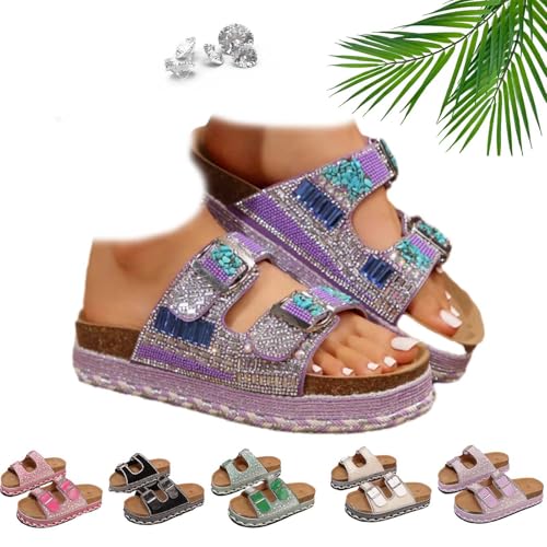 ZHCBAUA Vielseitige Damen-Hausschuhe mit Strasssteinen, bequeme Strandsandalen, lässige Sommerschuhe, modische Strass-Doppelschnalle, Slide-Sandalen für Damen, violett, 44 EU von ZHCBAUA