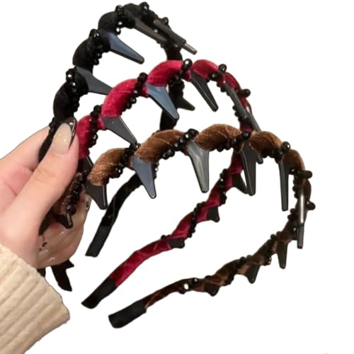 3Pcs Vintage High Cranium Artificial Pearl Hairband,2025 New Elegant Braided Pearls Headbands with Teeth,Fashion Wide Beaded Bling Head Band for Women (B) von ZHCWEP