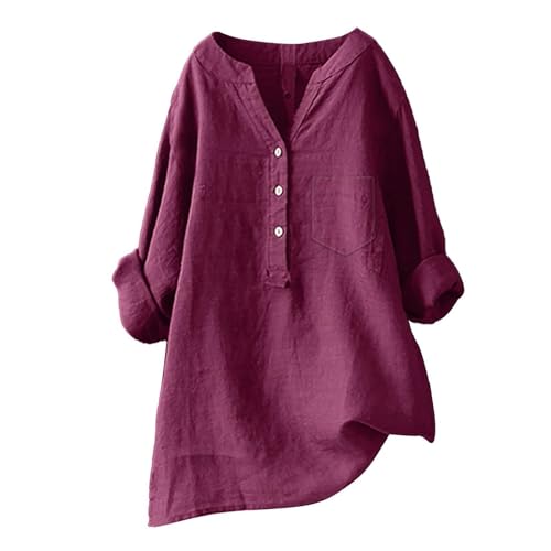 ZHENDEGL Leinenbluse Damen Sommer Button-Down V Ausschnitt Übergröße Musselin Longbluse Atmungsaktive Oberteile Rot von ZHENDEGL