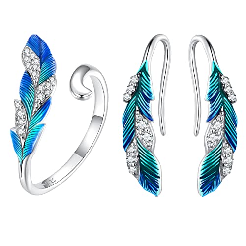 3-teiliges exquisites Feder-Design Ring-Ohrring-Set, eleganter süßer Stil, tägliche Dekoration, Geschenk für Mädchen, Sterling Silber von ZHENGE