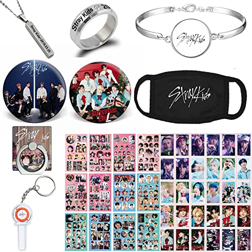 Kpop Stray Kids Geschenke Set, Stray Kids Fotokarte, Aufkleber, Armband, Gesichtsschutz, Ringe, Anhänger Halskette, Button Pin, Telefonringhalter, Schlüsselanhänger von ZHENGGE