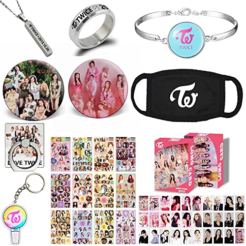 Kpop Twice Geschenke Set, Twice Fotokarte, Aufkleber, Armband, Gesichtsschutz, Ringe, Anhänger Halskette, Button Pin, Telefonringhalter, Schlüsselanhänger von ZHENGGE