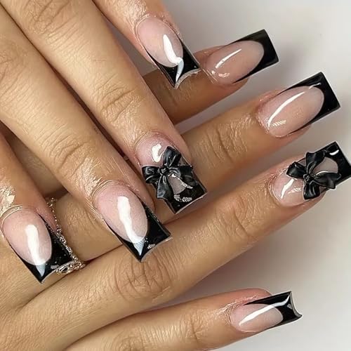 24pcs Quadratisch Gefälschte Nägel Bowknot Press Auf Künstliche Falsche Klebstoffe Designs Französische Tipps Acrylklessche Nagel Für Frauen Klar von ZHENNB