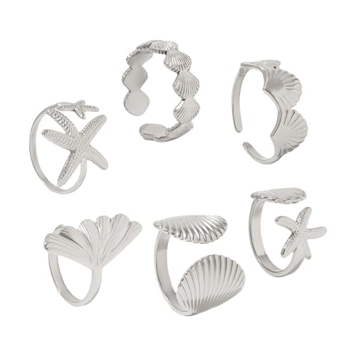 ZHENNB 6 Teilige Seesterne Muscheln Verstellbare Ringe Set Marine Schmuckgeschenk Für Ihre Trendigen Stapelbaren Accessoires Für Frauen Allergie Widerstandslegungsstapelringe von ZHENNB