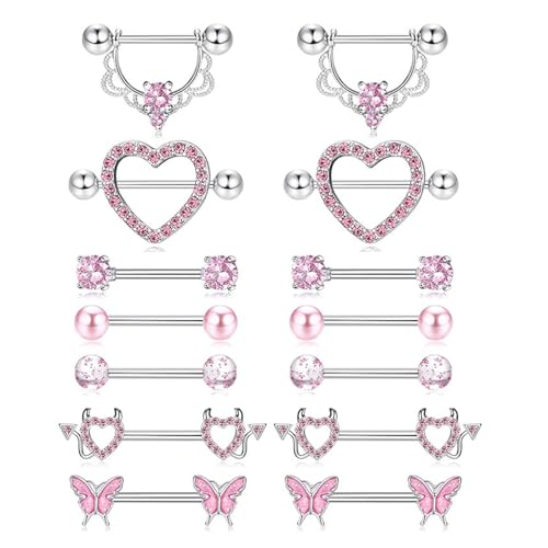 ZHENNB 7pairs Nippel Piercing Schmuck Silber Pfirsich Kubikzirkonia Herz Bowknot Design Ringe Schmücken Frauen Robuste Piercings von ZHENNB