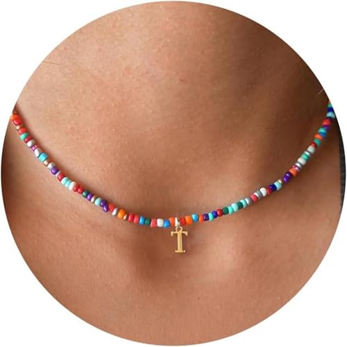 ZHENNB Bunte Perlen Halskette Brief Anhänger Statement Einzigartiger Nackenschmuck Legierung Textur Für Frauen Girl Neck Schmuck von ZHENNB