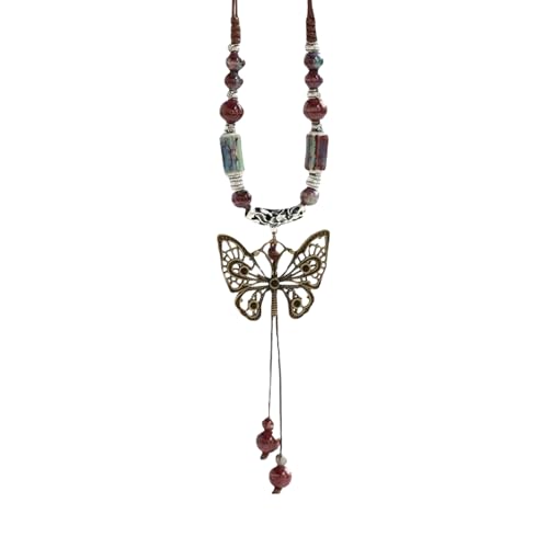 ZHENNB Keramik Schmetterling Anhänger Halskette Handgewebtes Wachskabel Schmuck Ethnische Stile Verstellbare Frauen Accessoire Handgefertigt Keramik Schmetterling Halskette von ZHENNB