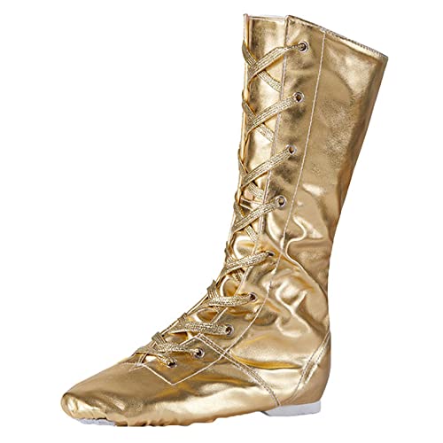 Jazz Dance Stiefel High Top Leder Modern Dance Schuhe Split Sole Lace-Up Buffer Für Kinder Erwachsene Frauen,Gold,36 EU von ZHENSI