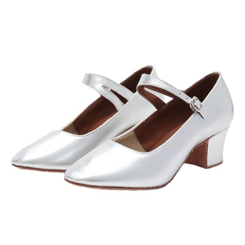 ZHENSI Damen Latein Ballsaal Schuhe Knöchelriemen Salsa Tanzschuhe Blockabsatz Geschlossene Zehenpartie Wildledersohle Partyschuhe,Silber,35 EU von ZHENSI