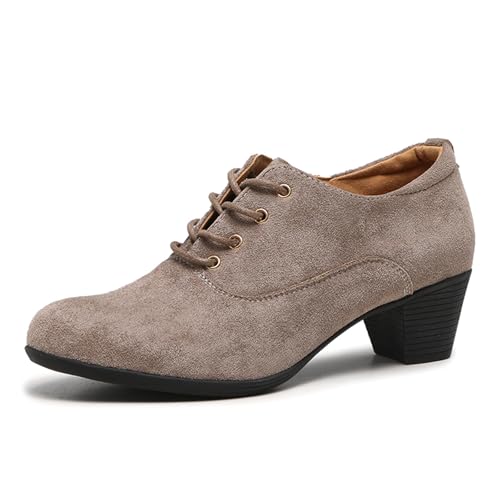 ZHENSI Damen Latein Tanzschuhe Geschlossene Zehen Moderne Gesellschaftsschuhe Mittelhoher Absatz Wildleder Schnürschuhe Party Charakter Schuhe,Beige,36 EU von ZHENSI
