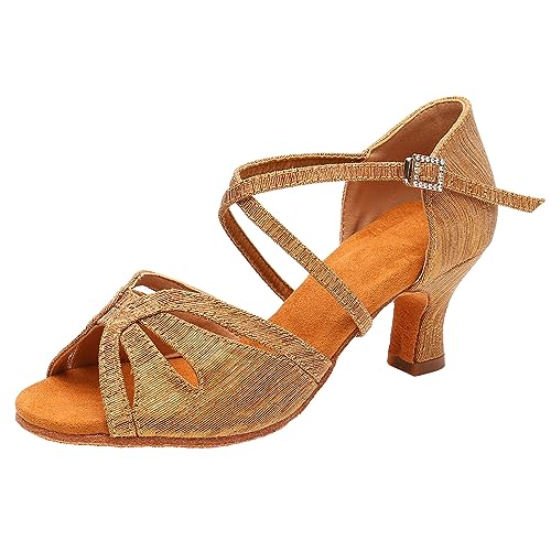 ZHENSI Damen-Lateintanzschuhe Mittelhoher Niedriger Absatz Offene Zehenpartie Tango-Cha-Cha-Hochzeitsabend-Tanzschuhe,Brown b,42 EU von ZHENSI