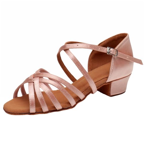 ZHENSI Damen-Lateintanzschuhe Niedriger Absatz Offene Spitze Satin Tango Cha-Cha-Tanzschuhe Verstellbarer Riemen,Rosa,37 EU von ZHENSI