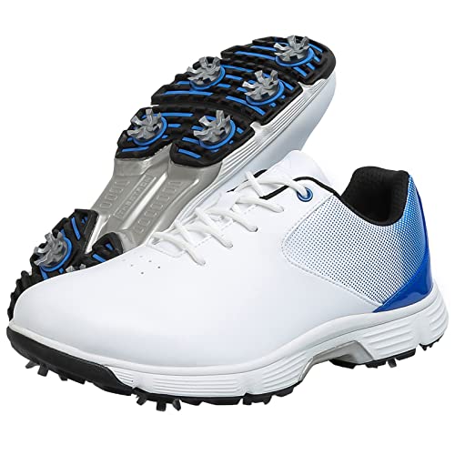 ZHENSI Herren Golfschuhe Mit Spikes Leder Weit Geschnitten Wasserdicht Turnschuhe Große Größe,Blau,49 EU von ZHENSI