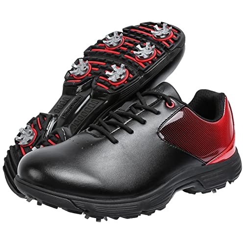 ZHENSI Herren Golfschuhe Mit Spikes Leder Weit Geschnitten Wasserdicht Turnschuhe Große Größe,Schwarz,44.5 EU von ZHENSI