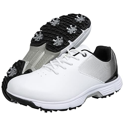 ZHENSI Herren Golfschuhe Mit Spikes Leder Weit Geschnitten Wasserdicht Turnschuhe Große Größe,Weiß,48 EU von ZHENSI