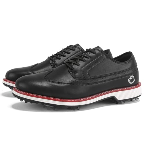 ZHENSI Herren Golfschuhe Wasserdicht Leder Spikes Anti-Rutsch Schnürschuhe Für Business Golfplatz,Schwarz,46 EU von ZHENSI