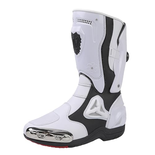ZHENSI Herren-Motorradstiefel Aus Leder Wasserdicht Motorradschuhe Hoher Reißverschluss Drehbar Geschlossen Outdoor-Rennschuhe,Weiß,39 EU von ZHENSI