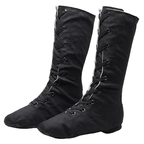 ZHENSI Jazz-Stiefel Damen Segeltuch Leder Geteilte Sohle Hohe Tanzschuhe Zum Schnüren Für Den Innenbereich,Schwarz,38 EU von ZHENSI