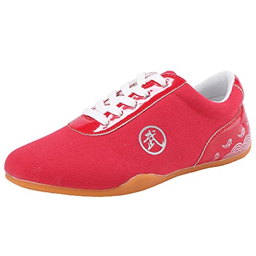 ZHENSI Kampfsportschuhe, Herren Damen Tai Chi Kung Fu Schuhe Canvas Soft Bottom Walking Sneakers,Rot,45 EU von ZHENSI