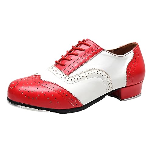 ZHENSI Steppschuhe Herren Niedriger Absatz Ballsaal-Tanzschuhe Brogue-Schnürschuhe Atmungsaktiv,Rot,40 EU von ZHENSI