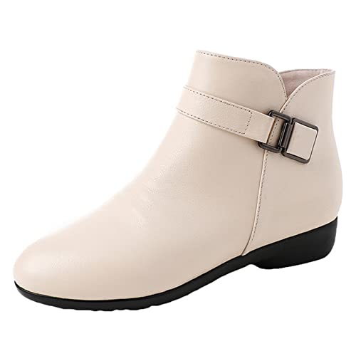 ZHENSI Stiefeletten Für Damen Flache Winterstiefel Warmer Reißverschluss Weicher Boden Spitz rutschfest Niedriger Absatz Arbeit Freizeit,Beige,39 EU von ZHENSI