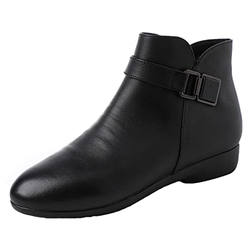 ZHENSI Stiefeletten Für Damen Flache Winterstiefel Warmer Reißverschluss Weicher Boden Spitz rutschfest Niedriger Absatz Arbeit Freizeit,Black Plush,39 EU von ZHENSI