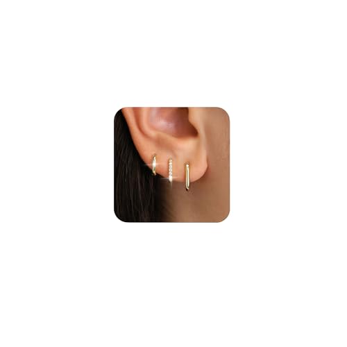 ZHESHY Gold Ohrringe Set Damen 3 Paar 14K Vergoldete Silber 925 Klein Creolen Ohrstecker Hängend Ohrringe mit Zirkonia Wasserfest Hypoallergen Goldene Stecker Mehrere Piercings Schmuck für Frauen von ZHESHY