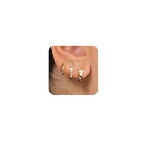 ZHESHY Gold Ohrringe Set Damen 3 Paar 14K Vergoldete Silber 925 Klein Creolen Ohrstecker Hängend Ohrringe mit Zirkonia Wasserfest Hypoallergen Goldene Stecker Mehrere Piercings Schmuck für Frauen von ZHESHY