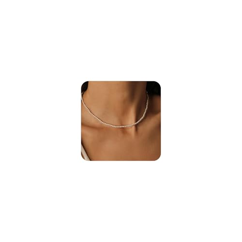 ZHESHY Gold Perlenkette Damen 14k Vergoldet Silber Halskette Weiße Perle Zarte Blume Beads Choker Layering Goldkette Silberkette Mit Anhänger Hypoallergene Hochzeit Geschenke Braut Frauen Modeschmuck von ZHESHY