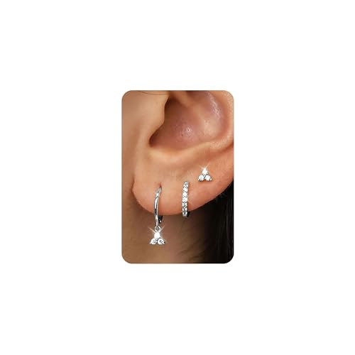 ZHESHY 3 Paar Ohrringe Silber 925/Gold Set für Damen 14k Vergoldet Silber Klein Creolen Ohrstecker Hängend Zirkonia Hypoallergen Goldene Stecker Ohrringe Für Mehrere Piercings Frauen Mädchen von ZHESHY