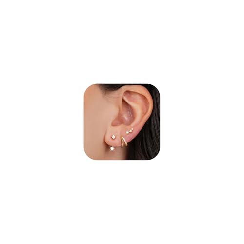ZHESHY 3 Paar Ohrringe Silber 925/Gold Set für Damen - 14k Vergoldet Klein Creolen Ohrstecker Hängend Zirkonia Hypoallergen Goldene Stecker für Mehrere Piercings Frauen Mädchen von ZHESHY