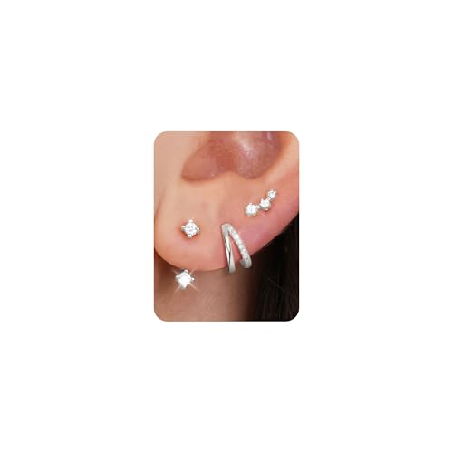 ZHESHY 3 Paar Ohrringe Silber 925/Gold Set Für Damen - 14k Vergoldet Klein Creolen Ohrstecker Hängend Zirkonia Hypoallergen Goldene Stecker Für Mehrere Piercings Frauen Mädchen von ZHESHY