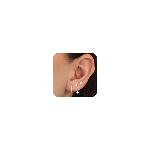 ZHESHY 3 Paar Ohrringe Silber 925/Gold Set Für Damen - 14k Vergoldet Klein Creolen Ohrstecker Hängend Zirkonia Hypoallergen Goldene Stecker Für Mehrere Piercings Frauen Mädchen von ZHESHY
