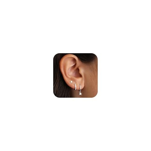 ZHESHY 3 Paar Ohrringe Silber 925/Gold Set für Damen - 14k Vergoldet Klein Creolen Ohrstecker Hängend Zirkonia Hypoallergen Goldene Stecker für Mehrere Piercings Frauen Mädchen von ZHESHY