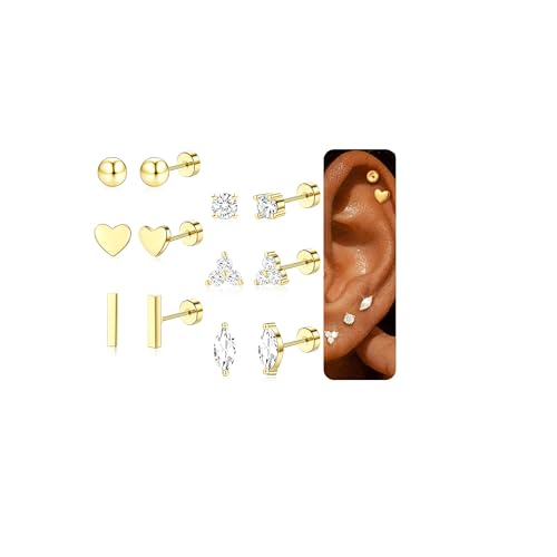 ZHESHY 6 Paar Ohrringe Gold Silber Set 316L Chirurgenstahl Medizinische Helix Piercings Ohrstecker Hypoallergene 14k Vergoldet Klein Tragus Conch Piercing Ohr Goldene Ohrringe Stecker Damen Schmuck von ZHESHY