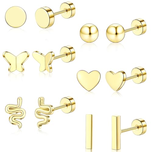 ZHESHY 6 Paar Ohrringe Gold Silber Set 316L Chirurgenstahl Medizinische Helix Piercings Ohrstecker Hypoallergene 14k Vergoldet Klein Tragus Conch Piercing Ohr Goldene Ohrringe Stecker Damen Schmuck von ZHESHY