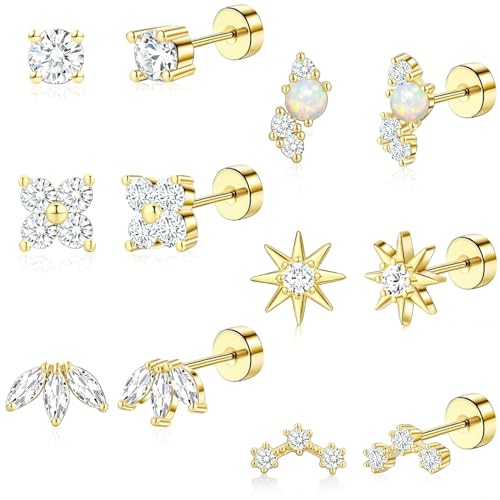 ZHESHY 6 Paar Ohrringe Gold Silber Set 316L Chirurgenstahl Medizinische Helix Piercings Ohrstecker Hypoallergene 14k Vergoldet Klein Tragus Conch Piercing Ohr Goldene Ohrringe Stecker Damen Schmuck von ZHESHY