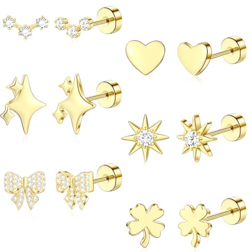 ZHESHY 6 Paar Ohrringe Gold Silber Set 316L Chirurgenstahl Medizinische Helix Piercings Ohrstecker Hypoallergene 14k Vergoldet Klein Tragus Conch Piercing Ohr Goldene Ohrringe Stecker Damen Schmuck von ZHESHY