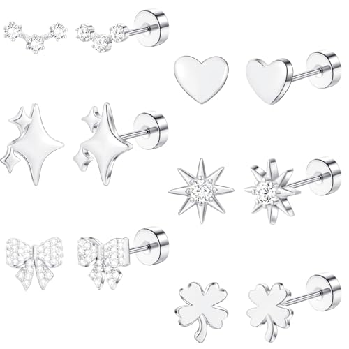 ZHESHY 6 Paar Ohrringe Gold Silber Set 316L Chirurgenstahl Medizinische Helix Piercings Ohrstecker Hypoallergene 14k Vergoldet Klein Tragus Conch Piercing Ohr Goldene Ohrringe Stecker Damen Schmuck von ZHESHY